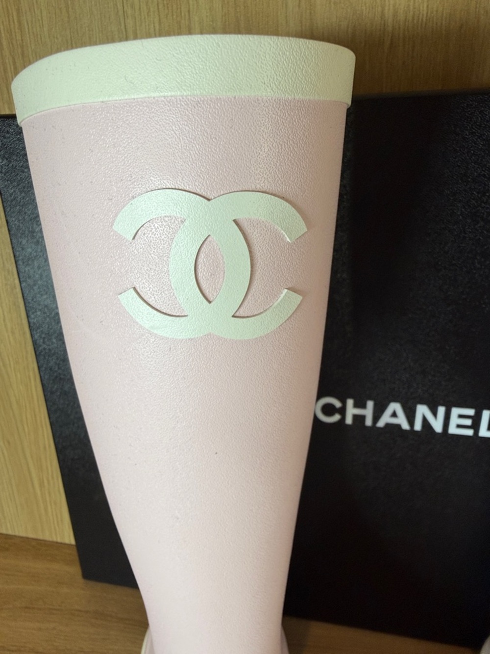 CHANEL Pale Pink and White Rubber Knee-High Rain Boots - Picture 2 of 11
